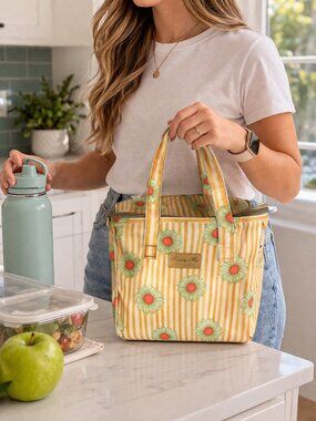 Floral Insulated Lunch Tote | Cute Yellow Stripe Cooler Bag